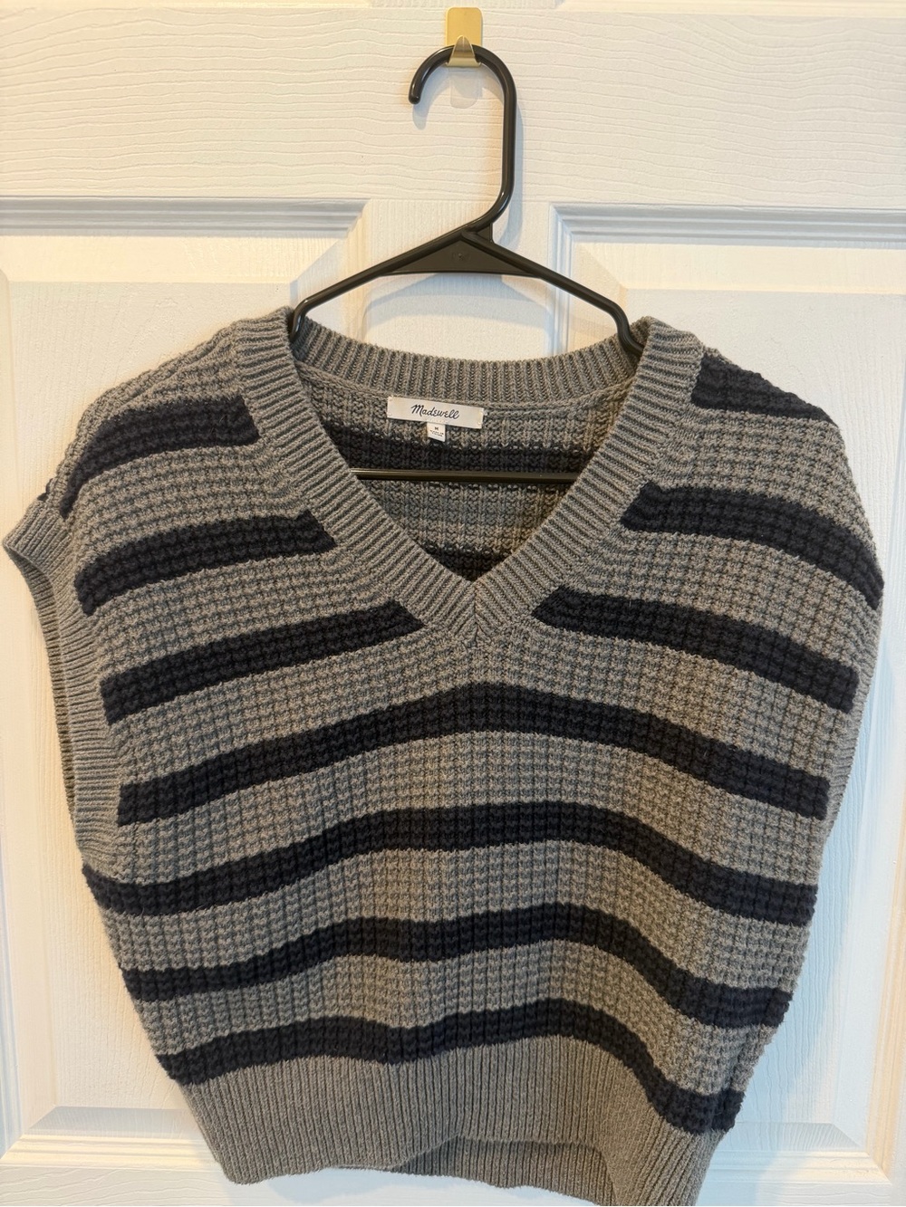 Madewell Gray and Blue Striped V-Neck Sweater Vest